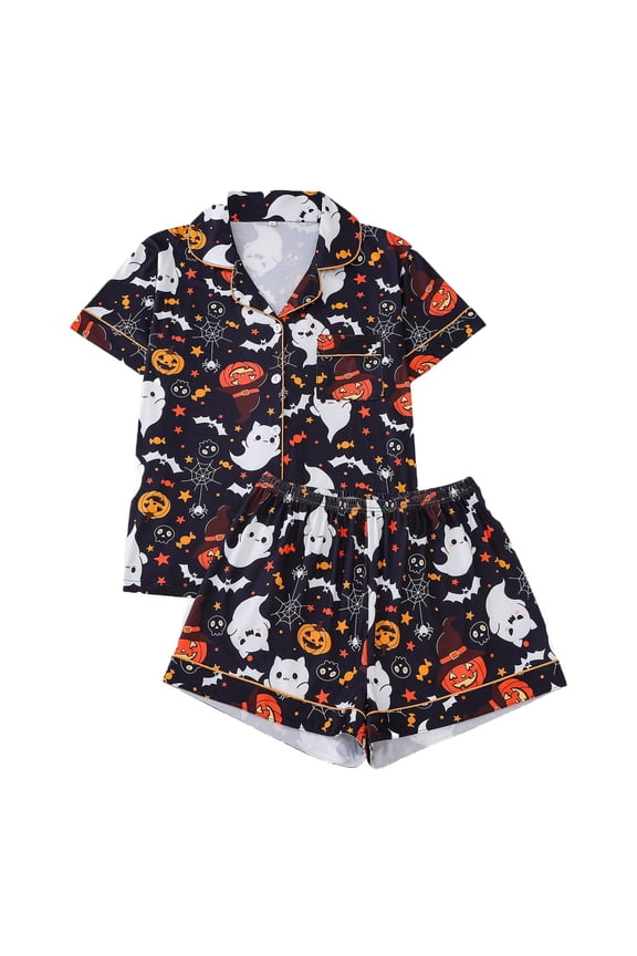Halloween Ghost Cat Print Sleep Sets For Women Contrast Piping Soft Knit Night Sleep Shorts