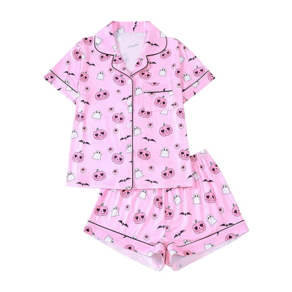 XIAONU Halloween Pink Ghost Pumpkin Print Pajama Sets for Women Notch Collar Short Sleeve Cute Casual Sleepwear