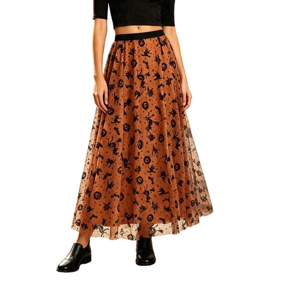 XIAONU Halloween Print Tulle Maxi Skirt For Women Elastic Waist Pleated A Line Long Skirt