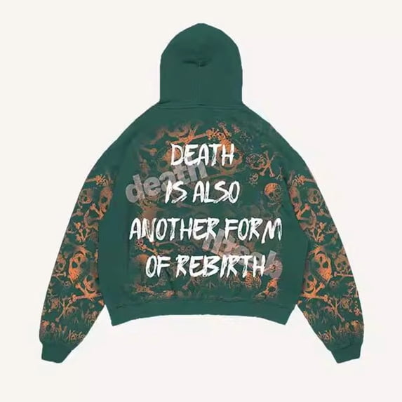 XIAONU Halloween Pullover Hoodies for Men Skull Crossbone Letter Graphic Hooded Sweatshirt Death Rebirth Lined Hoodie