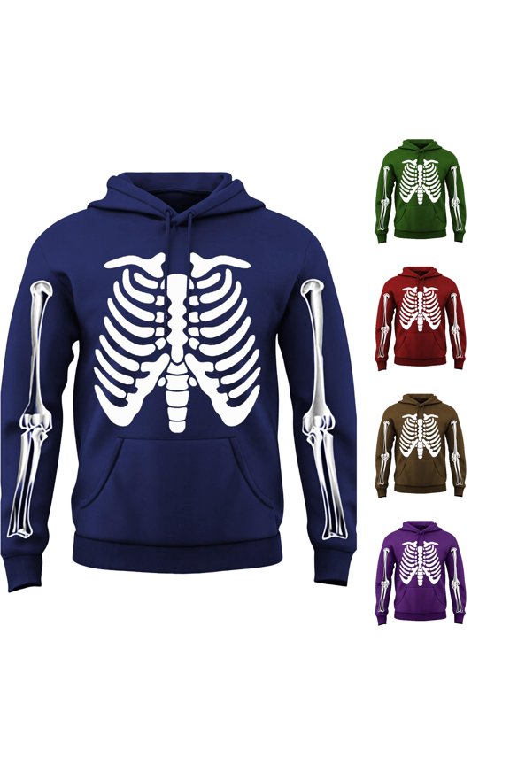 Halloween Skeleton Rib Graphic Hoodie For Men Oversized Front Pocket Holiday Party Long Sleeve Sweatshirt