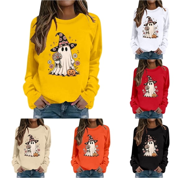 XIAONU Halloween Witch Ghost Crewneck Sweatshirt for Women Floral Pumpkin Print Sweatshirts Holiday Casual Pullover Sweatshirts