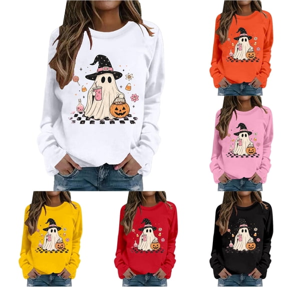 XIAONU Halloween Witch Ghost Crewneck Sweatshirt for Women Pumpkin Candy Graphic Sweatshirts Festive Casual Pullover Sweatshirts