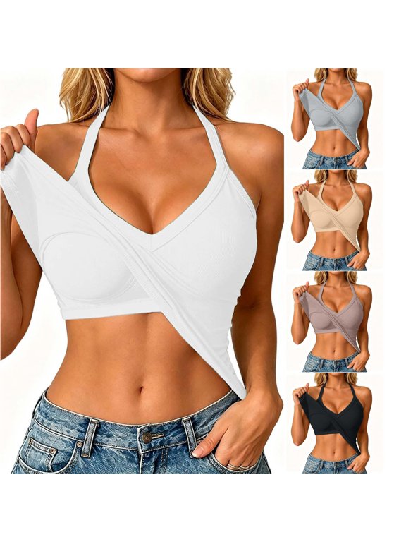 Halter Neck Criss Cross Cami Top for Women Built In Bra Ribbed Sleeveless Casual Crop Tank Tops