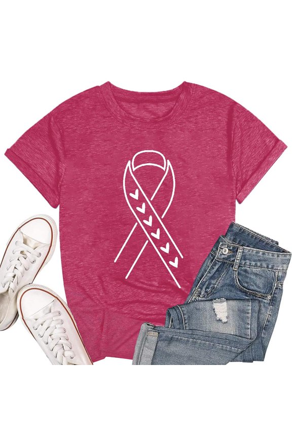 Heart Awareness Ribbon Graphic Tops for Women Short Sleeve Crewneck Pullover T-Shirt Soft Compassionate Charity Tees