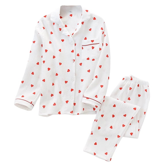 XIAONU Heart Pajama Set for Women Long Sleeve Button-Down Top & Pants Homewear Cute Cozy Sleepwear Set