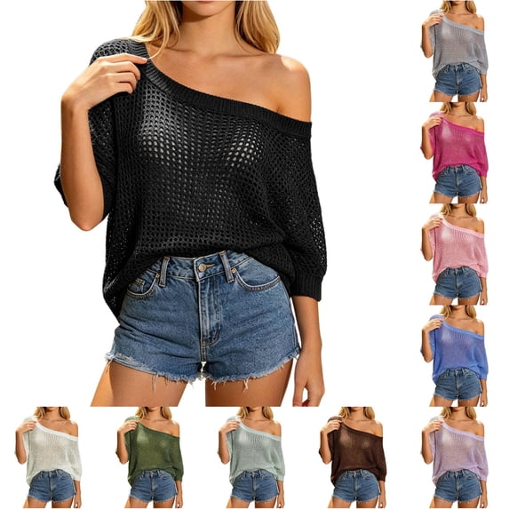 XIAONU Hollow Out Knit Sweater For Women Off Shoulder Dolman Sleeve Beach Daily Blouses