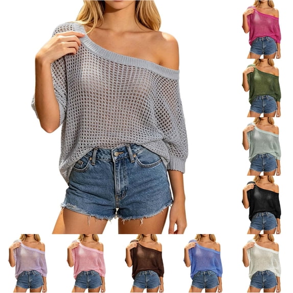 XIAONU Hollow Out Knit Sweater For Women Off Shoulder Dolman Sleeve Beach Daily Blouses