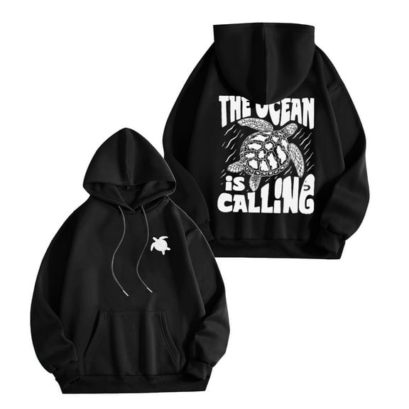 XIAONU Hoodies For Women Autumn Turtle Pattern Letter Print Drawstring Hoodie Comfortable Fashion Loose Pullover Hoodie With Pockets