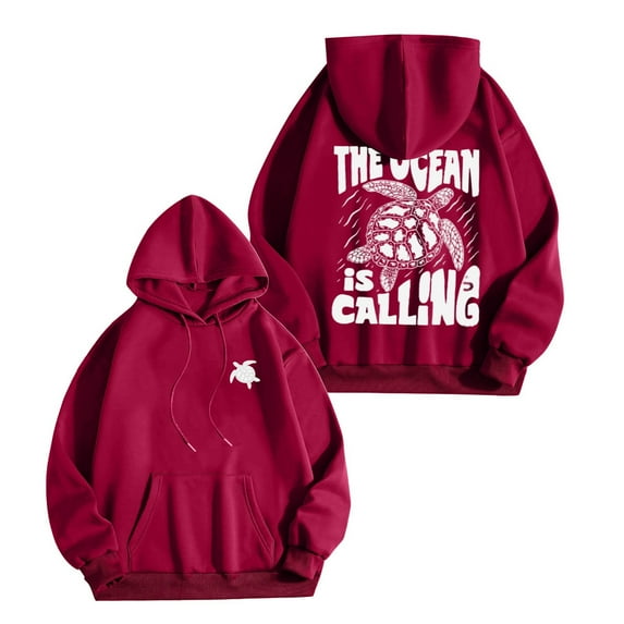 XIAONU Hoodies For Women Autumn Turtle Pattern Letter Print Drawstring Hoodie Comfortable Fashion Loose Pullover Hoodie With Pockets