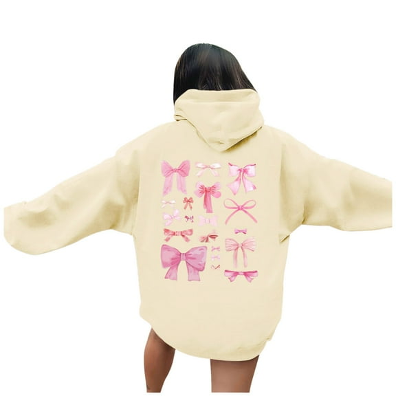 XIAONU Hoodies For Women Bow Print Long Sleeves Drawstring Hooded Sweatshirt Leisure Baggy Fit Pocketed Hoodies