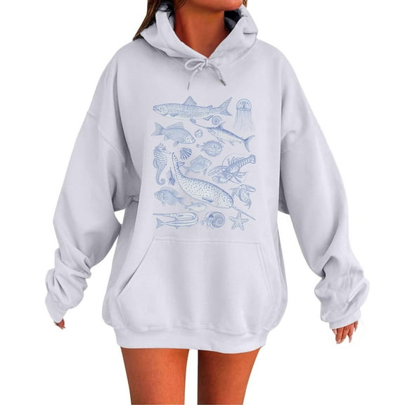 XIAONU Hoodies For Women Letter Print Drop Shoulder Hoodie Baggy Long Sleeve Oversized Drawstring Sweatshirt With Pockets