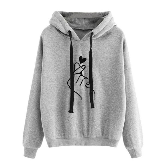 XIAONU Hoodies For Women Long Sleeves Heart-Shaped Print Jumper Solid Color Drawsting Pullover Hoodie Sweatshirt