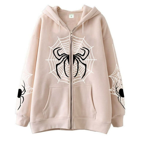 XIAONU Hoodies For Women Spider Web Zipper Street Trendy Hoodie Color-Blocked Vintage Leisure Jacket Sweatshirts