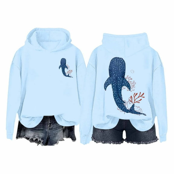 XIAONU Hoodies For Womens Whale Print Trendy Hooded Sweatshirt Oversized Baggy Long-Sleeve Pleasure Pullover Hoodie
