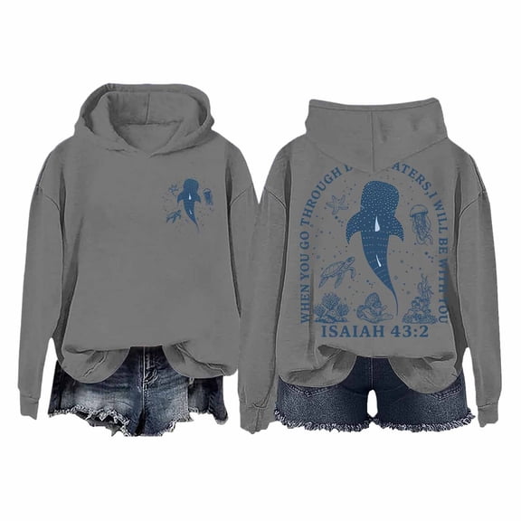 XIAONU Hoodies For Womens Whale Print Trendy Hooded Sweatshirt Oversized Baggy Long-Sleeve Pleasure Pullover Hoodie