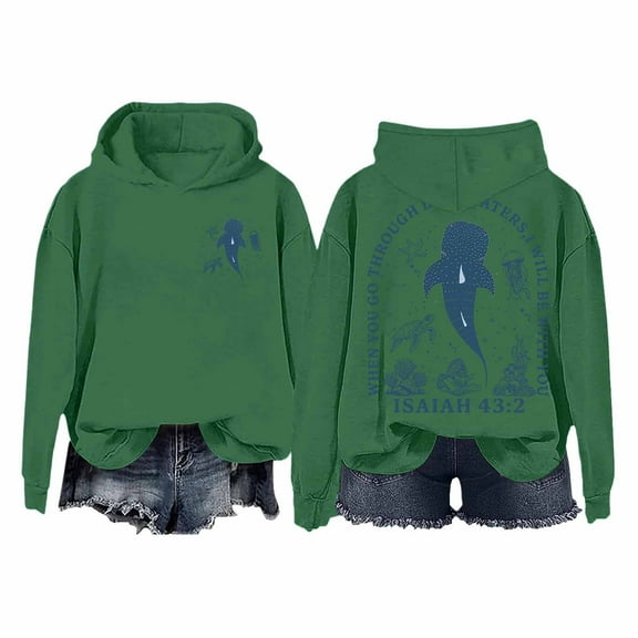 XIAONU Hoodies For Womens Whale Print Trendy Hooded Sweatshirt Oversized Baggy Long-Sleeve Pleasure Pullover Hoodie