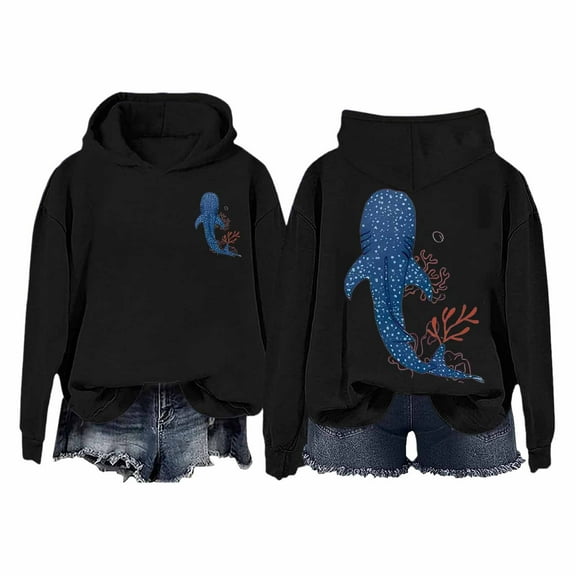 XIAONU Hoodies For Womens Whale Print Trendy Hooded Sweatshirt Oversized Baggy Long-Sleeve Pleasure Pullover Hoodie