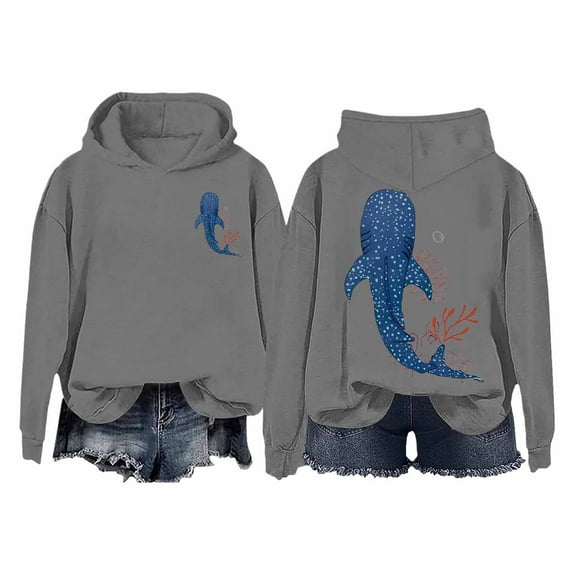 XIAONU Hoodies For Womens Whale Print Trendy Hooded Sweatshirt Oversized Baggy Long-Sleeve Pleasure Pullover Hoodie