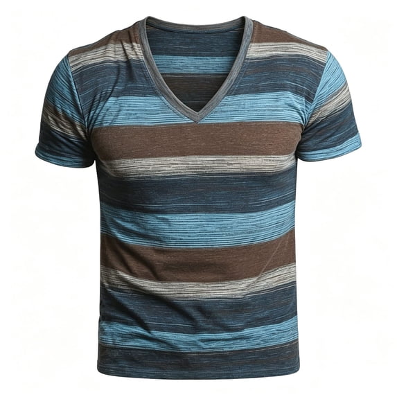 XIAONU Horizontal Stripe V Neck T Shirt for Men Short Sleeve Slim Fit Casual Daily Street Wear Tee Top