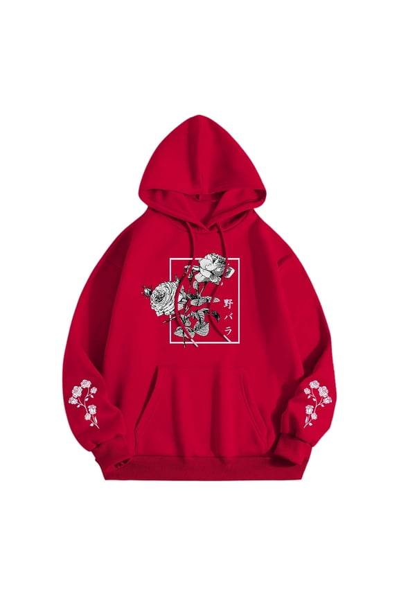 Japanese Street Style Women's Floral Rose Hoodie Fashionable Cool Graphic Pullover Sweatshirt