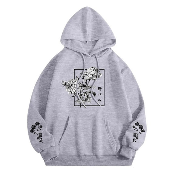 XIAONU Japanese Street Style Women's Floral Rose Hoodie Fashionable Cool Graphic Pullover Sweatshirt