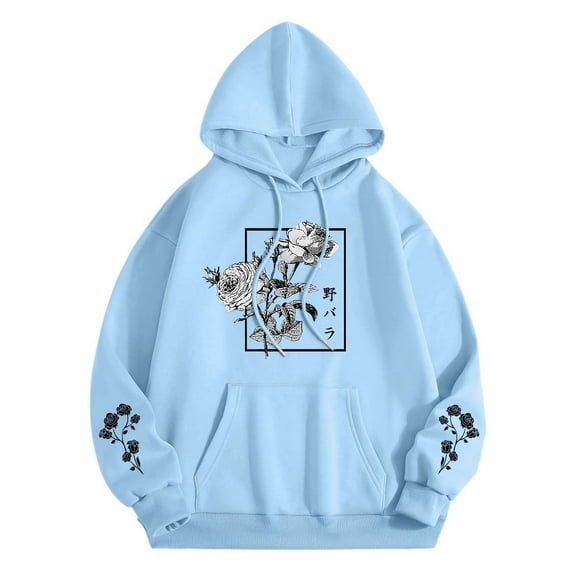 XIAONU Japanese Street Style Women's Floral Rose Hoodie Fashionable Cool Graphic Pullover Sweatshirt