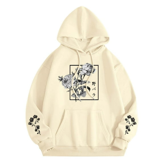 XIAONU Japanese Street Style Women's Floral Rose Hoodie Fashionable Cool Graphic Pullover Sweatshirt