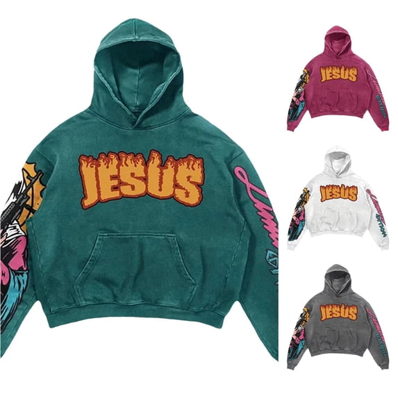XIAONU Jesus Letter Pullover Hoodies for Men Flame Graphic Hooded Sweatshirt Streetwear Art Drawstring Hood Hoodie
