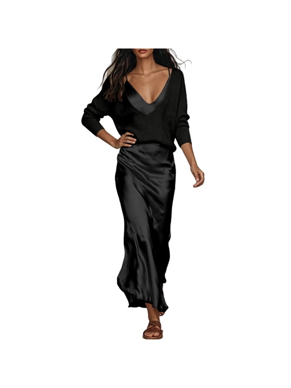 Knit Sweater Satin Two Piece Outfit Set for Women V Neck Long Sleeve Midi Casual Sets