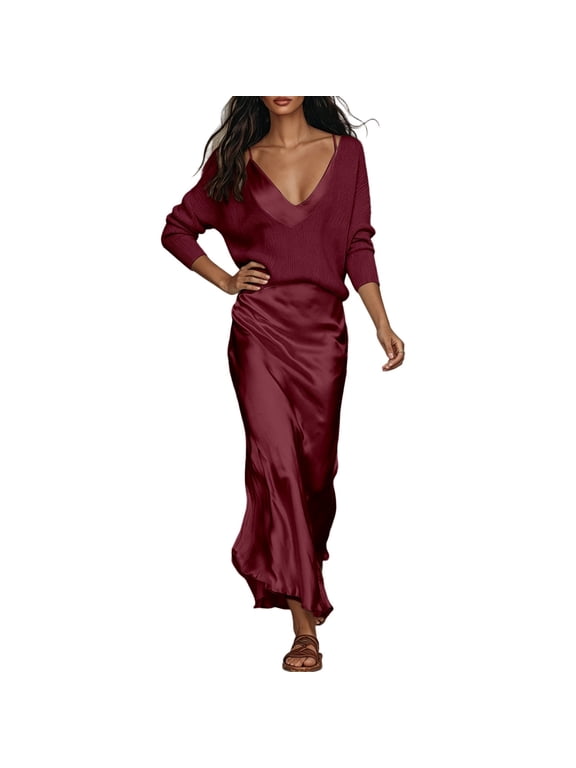 Knit Sweater Satin Two Piece Outfit Set for Women V Neck Long Sleeve Midi Casual Sets