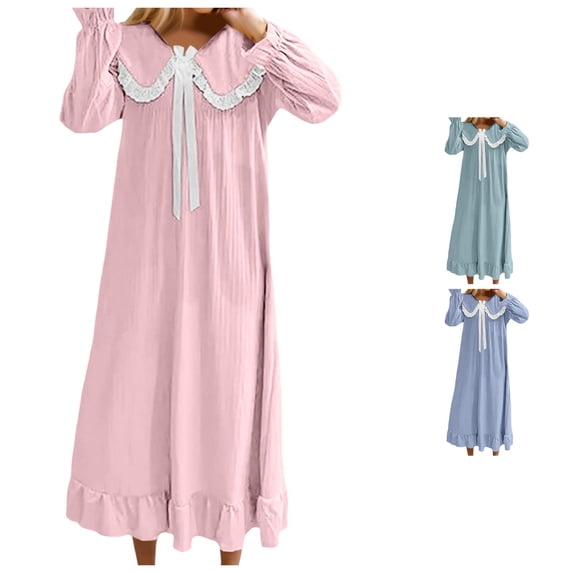 XIAONU Lace Collar Nightgown for Women Long Sleeve Bow Ruffle Hem Sleep Dress