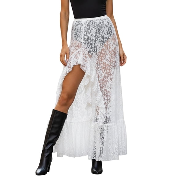 XIAONU Lace High Split Maxi Skirt For Women Elastic Waist Sheer Mesh Long Skirt Party Bottoms