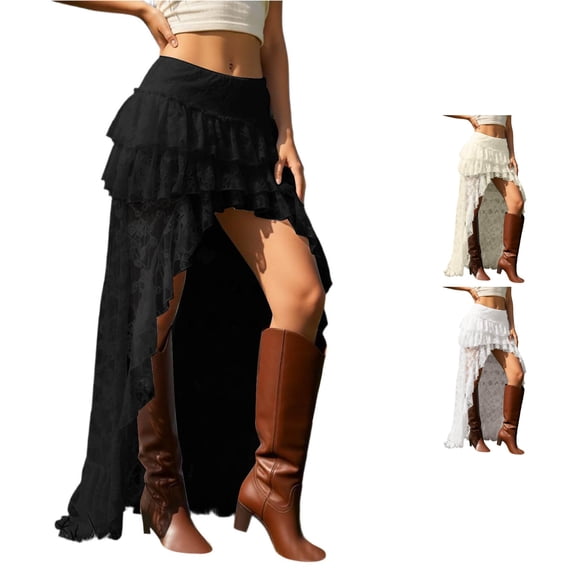 XIAONU Lace Maxi Skirt For Women High Low Tiered Ruffle Asymmetrical Boho Casual Skirt