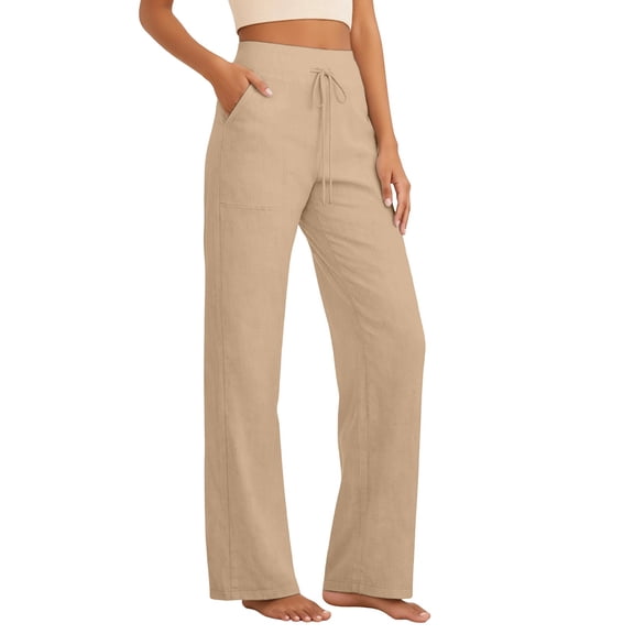 XIAONU Ladies Drawstring Waist Linen Pants Solid Color Straight Leg Breathable Casual Daily Trousers
