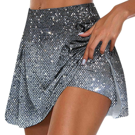 XIAONU Ladies Sequin Mini Skirt Elastic High Waisted Asymmetrical Skort Evening Shiny Party Skirts