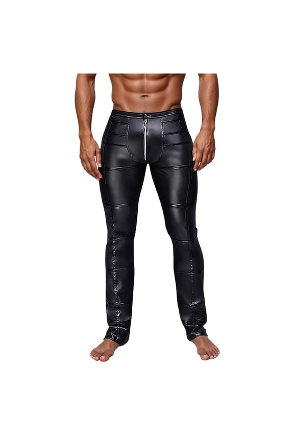 Leather Skinny Pants for Men Glossy Pufront Zip Fly Pants Stretchy Comfy Performance Pants