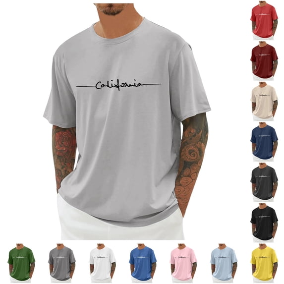 XIAONU Letter Print T Shirt for Men Crew Neck Short Sleeve Casual Blouse