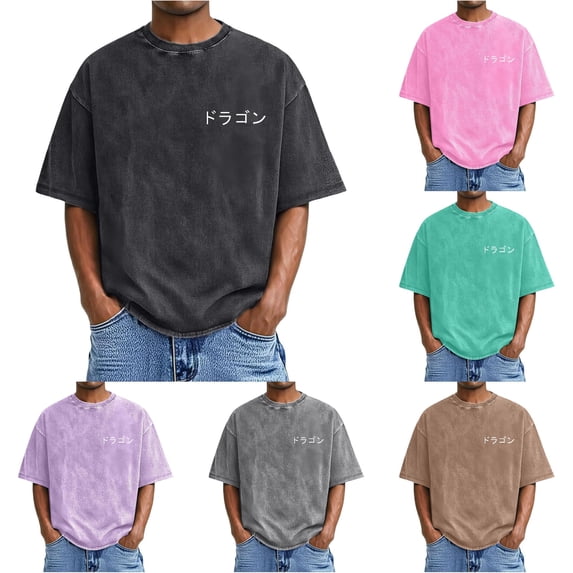 XIAONU Letter Print Washed Short Sleeve T-Shirt for Men Crew Neck Oversized Casual Tees