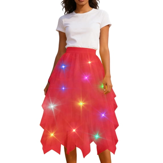 XIAONU Light Up Illuminated Skirt For Women Tiered Asymmetrical Hem Sheer Skirt Glowing Festival Performance Skirts