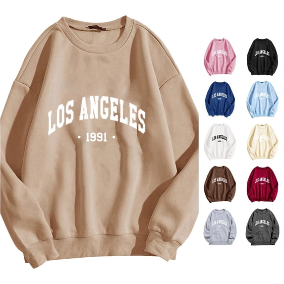 XIAONU Los Angeles 1991 Vintage Letter Print Sweatshirt For Women Oversized Crew Neck Beach Vacation Long Sleeve Pullover