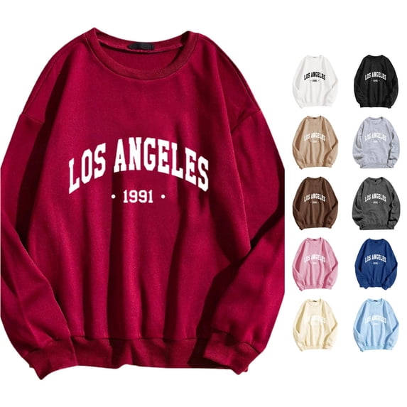 XIAONU Los Angeles 1991 Vintage Letter Print Sweatshirt For Women Oversized Crew Neck Beach Vacation Long Sleeve Pullover