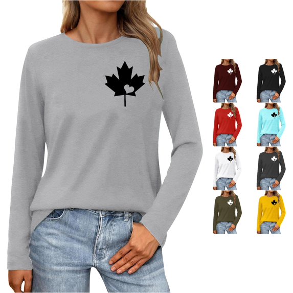 XIAONU Maple Leaf Heart Print Womens Long Sleeve Shirt Crew Neck Casual Basic Tee