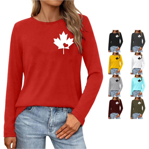 XIAONU Maple Leaf Heart Print Womens Long Sleeve Shirt Crew Neck Casual Basic Tee