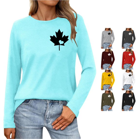 XIAONU Maple Leaf Heart Print Womens Long Sleeve Shirt Crew Neck Casual Basic Tee