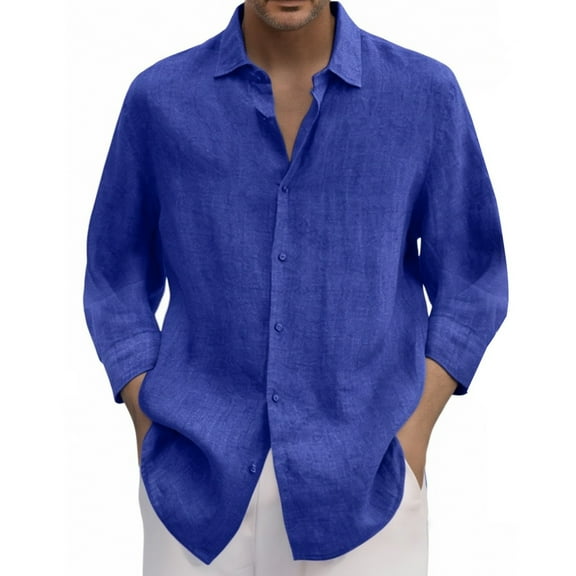 XIAONU Men 3/4 Sleeve Linen Button-Down Shirt Loose-Fit Casual Top Breathable Daily Summer Vacation Wear