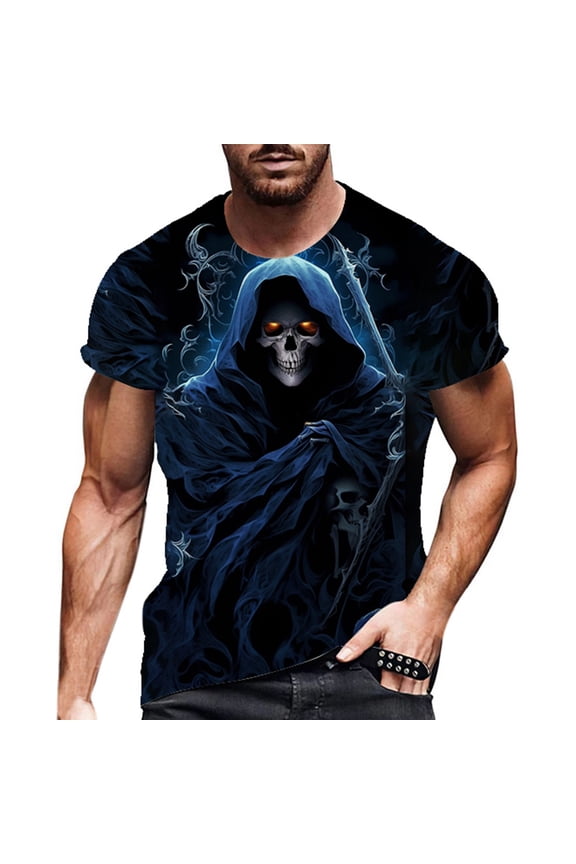 Men 3D Printed T-Shirt Short Sleeve Grim Reaper Graphic Tees Breathable Edgy Streetwear Casual Top