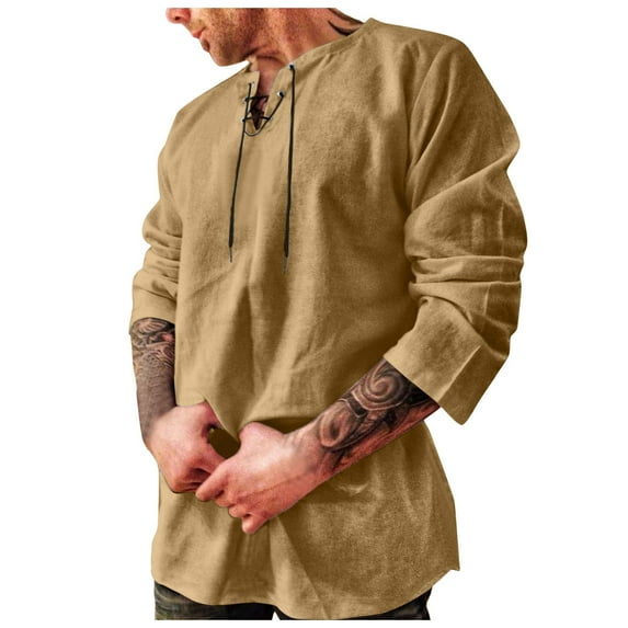 XIAONU Men Breathable Lace Up Tunic Long Sleeve Pullover Top Lightweight Medieval Renaissance Festival Shirt