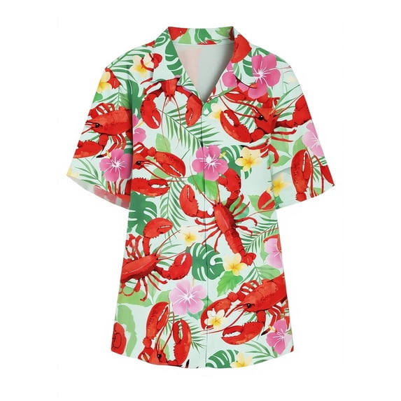 XIAOCHA Men Casual Lobster Print Shirt Short Sleeve Tropical Floral Button Down Beach Hawaiian Shirt