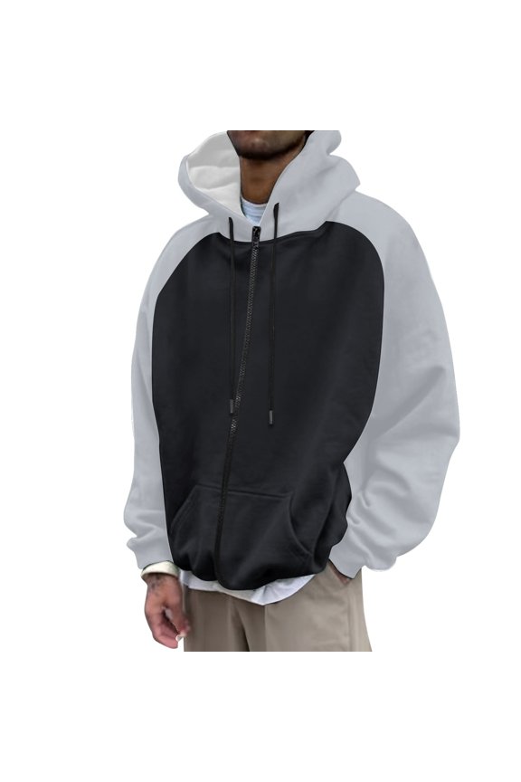 Men Color Block Zip Up Hoodie Raglan Sleeve Kangaroo Pocket Jacket Warm Everyday Casual Hoodies XXXL